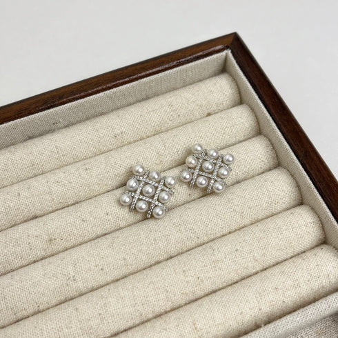 Radiant Grid Pearl Stud Earrings - Sterling Silver